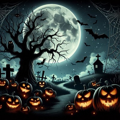 Jack-o'-lanterns sit in a graveyard on a halloween night
