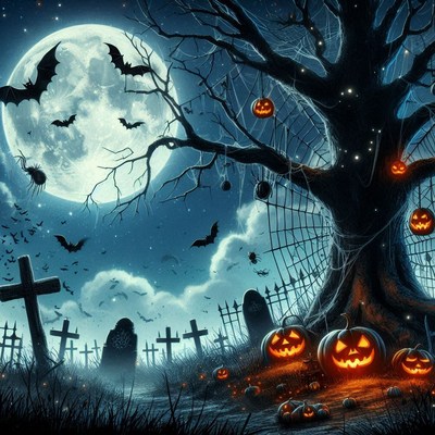 A spooky graveyard scene under a full moon