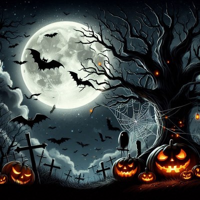 Spooky halloween: full moon, bats, graveyard, pumpkins