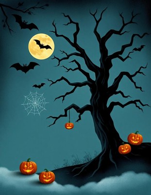 Spooky tree and bats by a full moon
