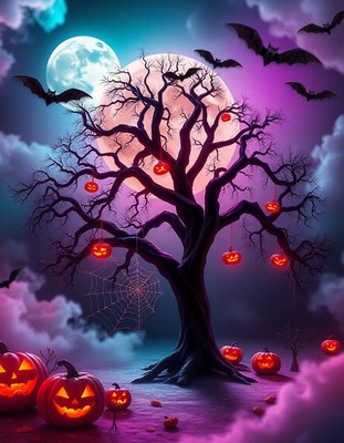 A spooky tree looms under the halloween moon