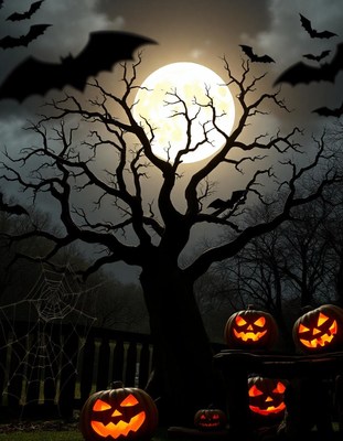 Jack-o'-lanterns glow under a full moon