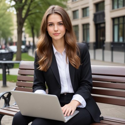 A woman types on her laptop from a city bench