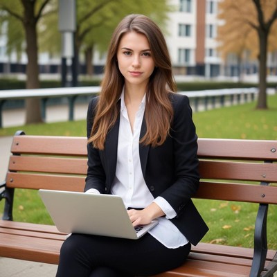 A woman works on her laptop while sitting on a bench