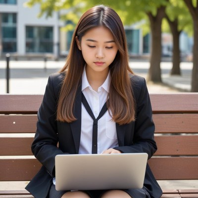 A woman works on her laptop while sitting on a bench