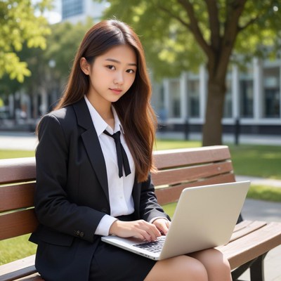 Woman in a suit works on her laptop from a bench