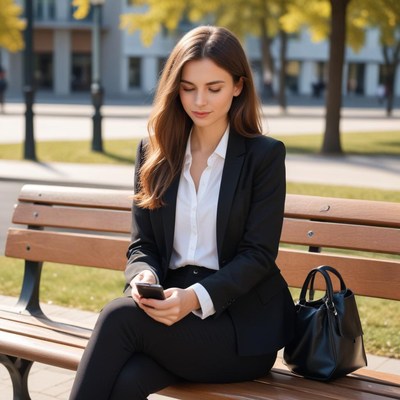A woman checks her phone while sitting on a bench