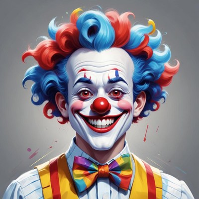 A smiling clown with blue and red hair