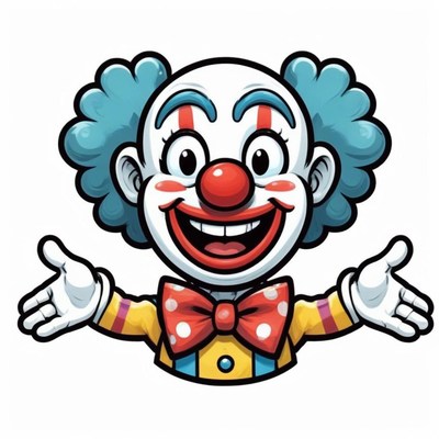 A happy cartoon clown smiles with arms outstretched