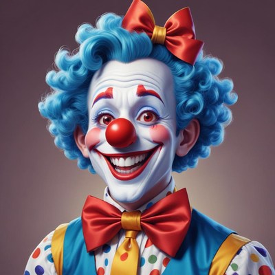 A clown smiles with bright red lipstick