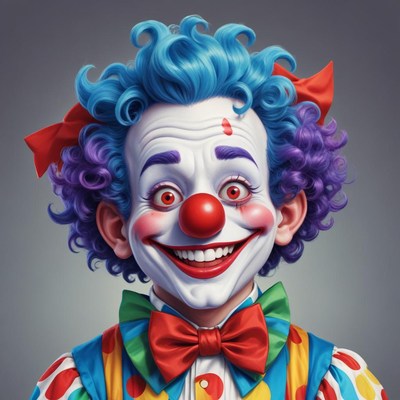 A smiling clown with a big red nose stares at you