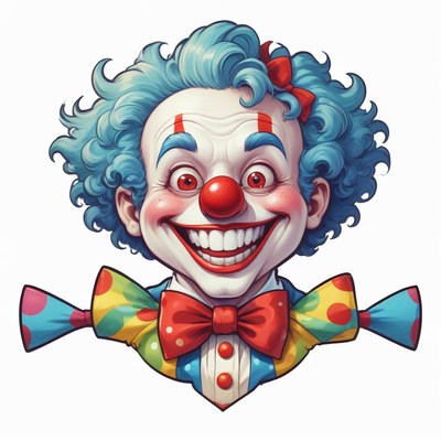 A clown with blue hair smiles broadly