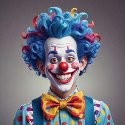Blue-haired clown smiles at the camera