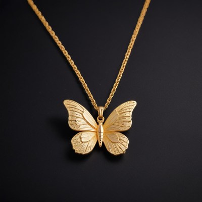 A gold butterfly necklace hangs against a black background