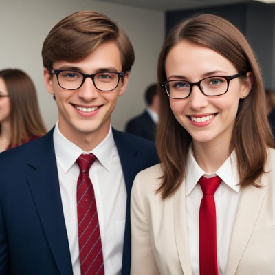 A man and woman in business attire smile for the camera