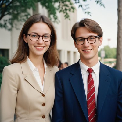 A woman and man in business attire smile for a photo