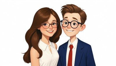 A happy couple wearing glasses smiles for a photo