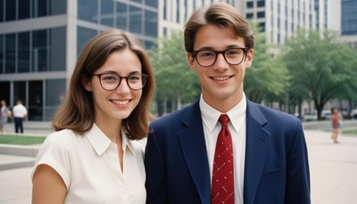 A woman and man smile while standing outside a building