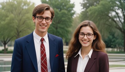 A young man and woman smile in front of trees