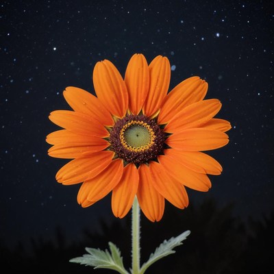 A single orange flower blooms under a starry night sky