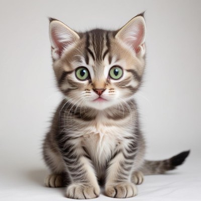 A tabby kitten sits and stares intently at the camera