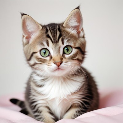 A tabby kitten sits on a pink blanket