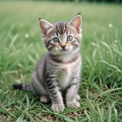 A tabby kitten sits in the grass