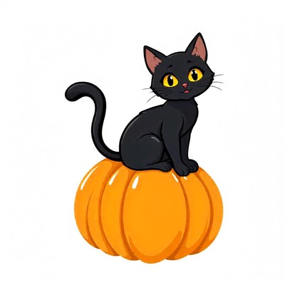 A black cat sits on a pumpkin