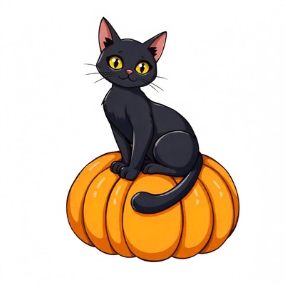 A black cat sits on a pumpkin