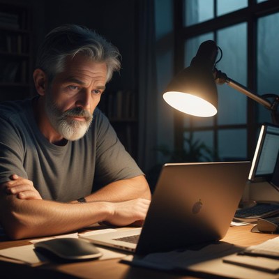 A man works on his laptop at night