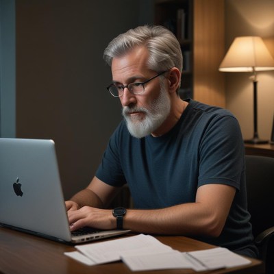 A man works on his laptop in a dimly lit room