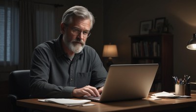 A man works on his laptop at his desk