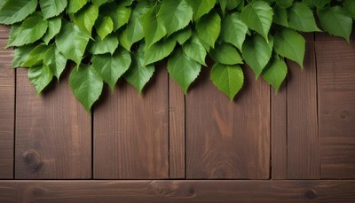 Green leaves hang over a wooden surface