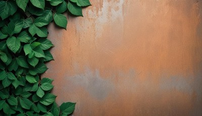 Green leaves growing on a textured wall