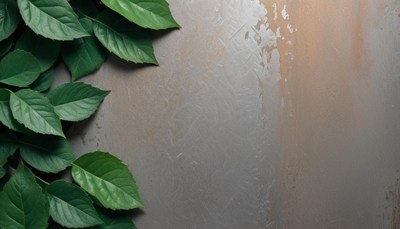 Green leaves frame a textured gray background