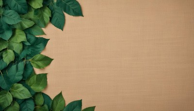 Green leaves border a tan background