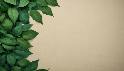 Green leaves frame a light brown background