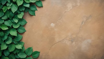 Green leaves on a tan wall