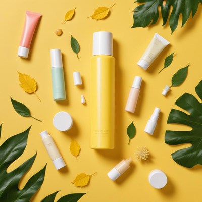 Skincare products on a yellow background with leaves