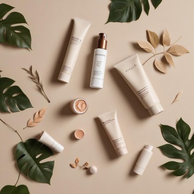 Skincare products arranged on a beige surface