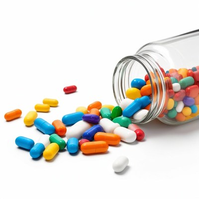 Colorful pills spill from a glass bottle