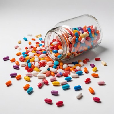 A glass jar with colorful pills spills onto a white surface