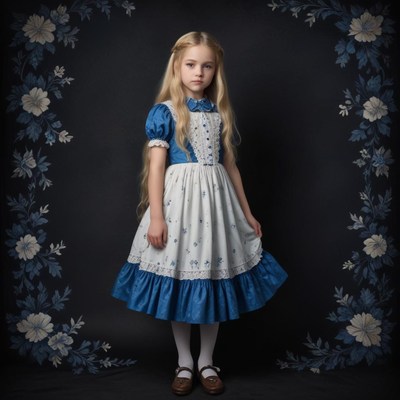Girl in a white and blue dress by floral backdrop