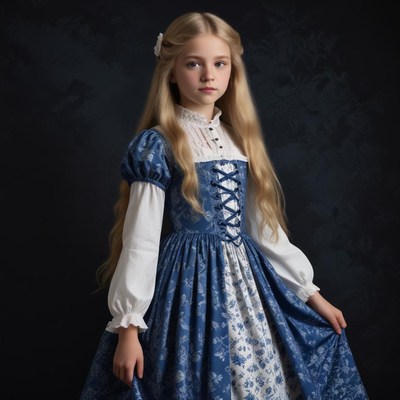 A young girl in a blue dress stands against a dark backdrop