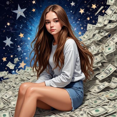 A woman sits on a pile of money with stars in the background