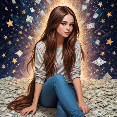 Woman sits on money, stars, and cash falling down