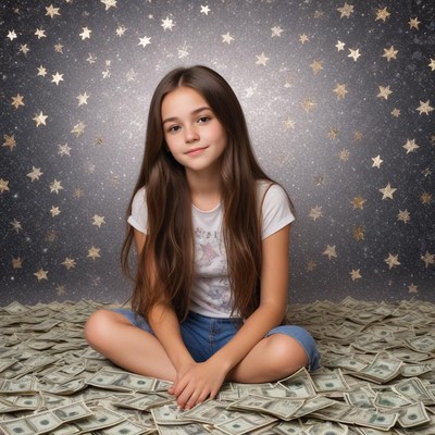 Girl sitting on pile of money