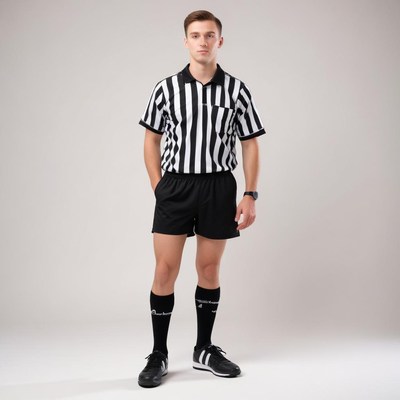 A referee stands in a black and white striped shirt