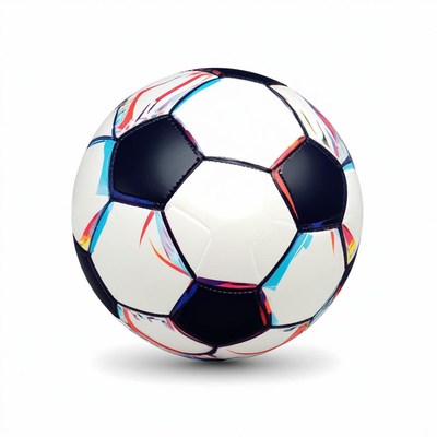 A patterned black and white soccer ball on white