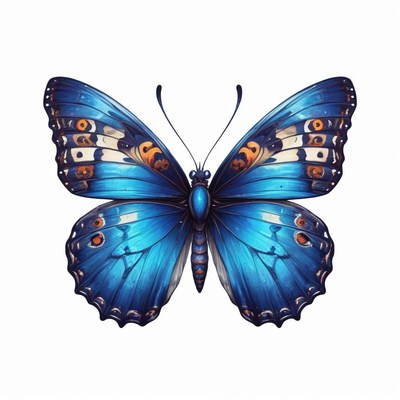 A blue butterfly with white and orange spots on its wings